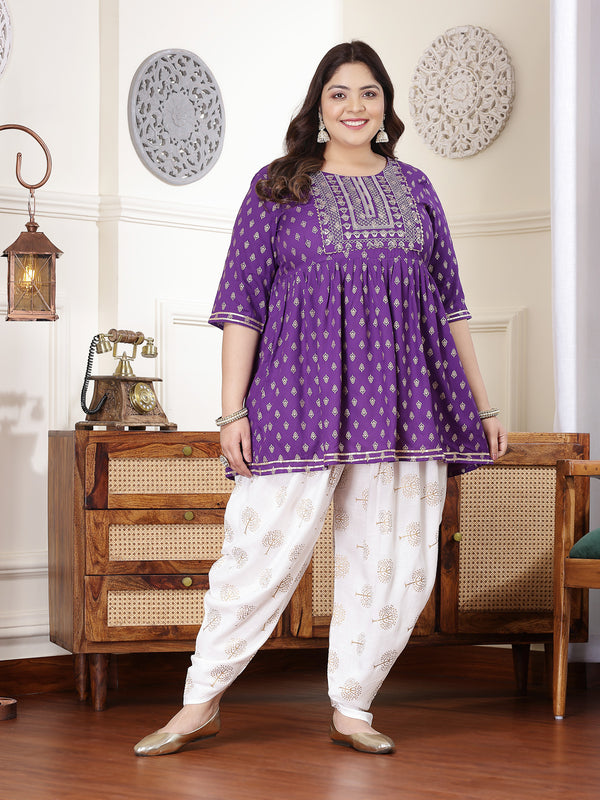 Plus Size Women's Printed & Embroidered Rayon Kurti with Dhoti Pant (KDVOILMAHIPLUS)