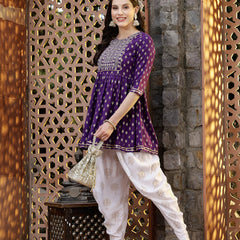 Stylum Women's Printed & Embroidered Rayon Kurti with Dhoti Pant (KDVOILMAHI)