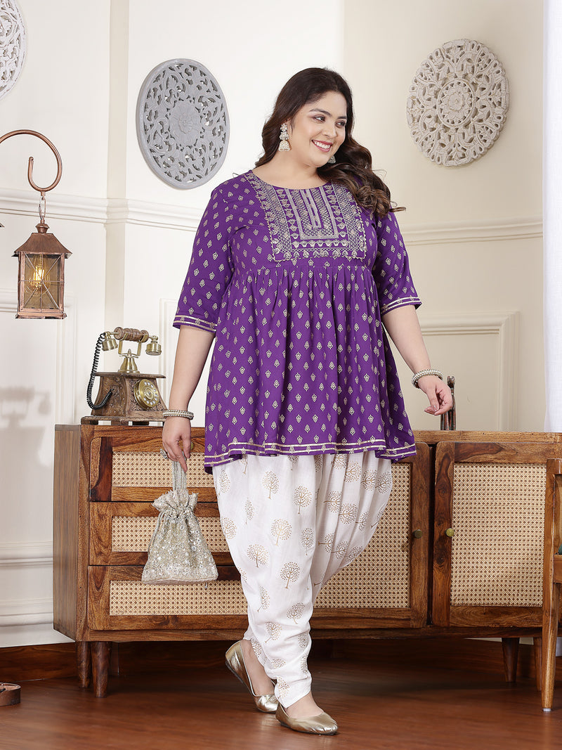 Plus Size Women's Printed & Embroidered Rayon Kurti with Dhoti Pant (KDVOILMAHIPLUS)