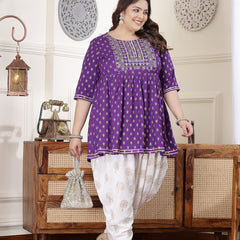 Plus Size Women's Printed & Embroidered Rayon Kurti with Dhoti Pant (KDVOILMAHIPLUS)