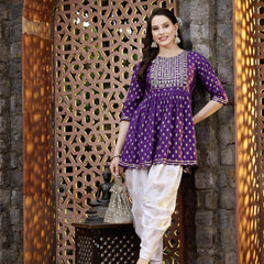 Stylum Women's Printed & Embroidered Rayon Kurti with Dhoti Pant (KDVOILMAHI)