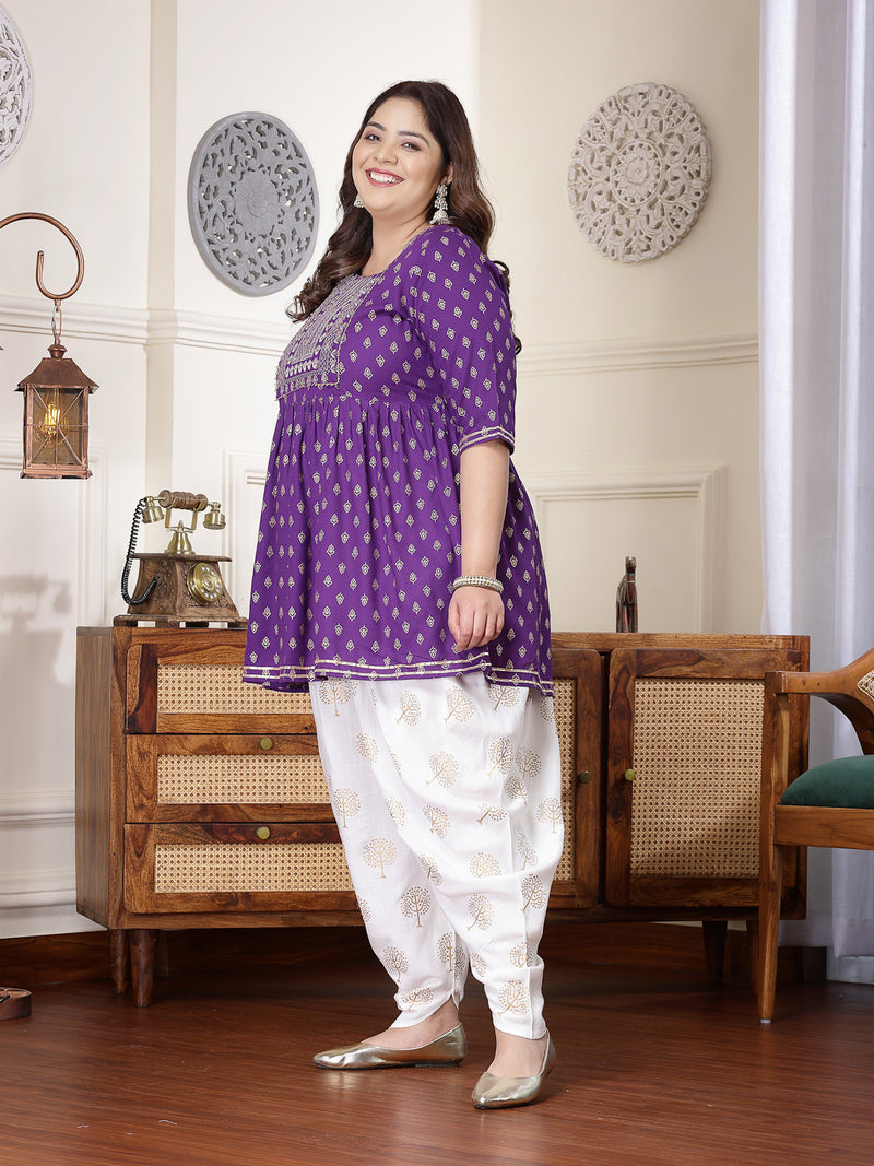 Plus Size Women's Printed & Embroidered Rayon Kurti with Dhoti Pant (KDVOILMAHIPLUS)
