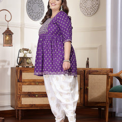 Plus Size Women's Printed & Embroidered Rayon Kurti with Dhoti Pant (KDVOILMAHIPLUS)