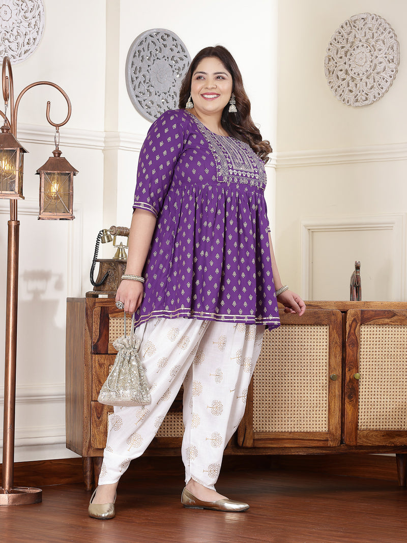 Plus Size Women's Printed & Embroidered Rayon Kurti with Dhoti Pant (KDVOILMAHIPLUS)