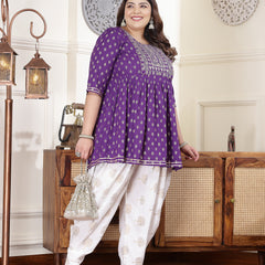 Plus Size Women's Printed & Embroidered Rayon Kurti with Dhoti Pant (KDVOILMAHIPLUS)