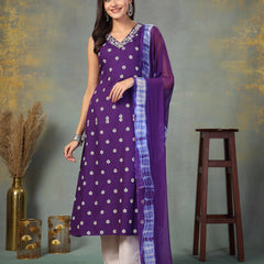 Stylum Women's Violet Floral Printed & Embroidered Rayon A-Line Kurta Dupatta Set (KDVOILRASNA)