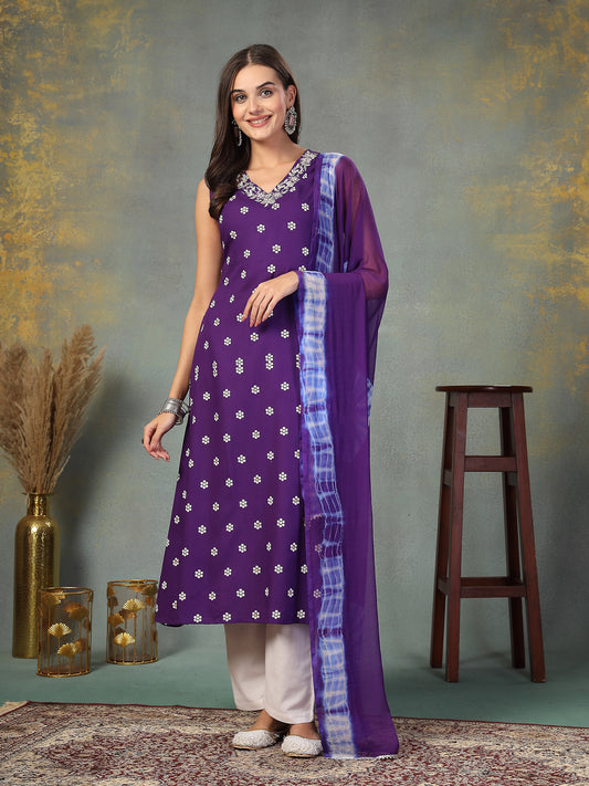 Stylum Women's Violet Floral Printed & Embroidered Rayon A-Line Kurta Dupatta Set (KDVOILRASNA)