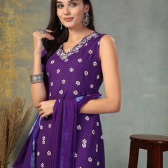 Stylum Women's Violet Floral Printed & Embroidered Rayon A-Line Kurta Dupatta Set (KDVOILRASNA)