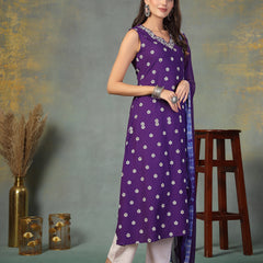 Stylum Women's Violet Floral Printed & Embroidered Rayon A-Line Kurta Dupatta Set (KDVOILRASNA)