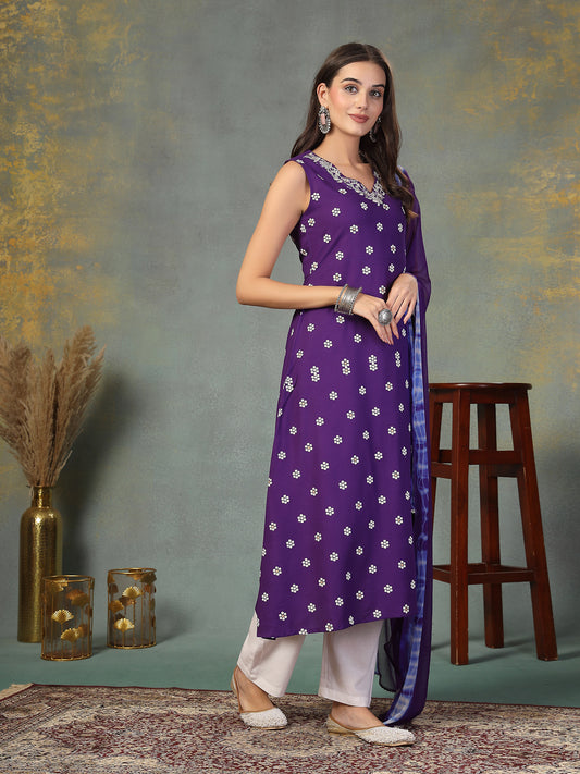 Stylum Women's Violet Floral Printed & Embroidered Rayon A-Line Kurta Dupatta Set (KDVOILRASNA)