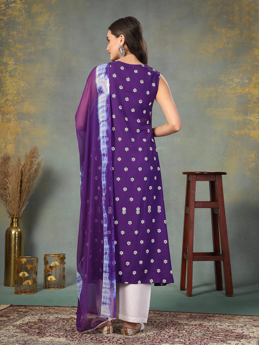 Stylum Women's Violet Floral Printed & Embroidered Rayon A-Line Kurta Dupatta Set (KDVOILRASNA)