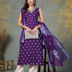 Stylum Women's Violet Floral Printed & Embroidered Rayon A-Line Kurta Dupatta Set (KDVOILRASNA)