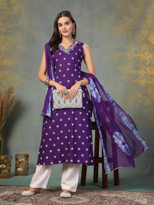 Stylum Women's Violet Floral Printed & Embroidered Rayon A-Line Kurta Dupatta Set (KDVOILRASNA)