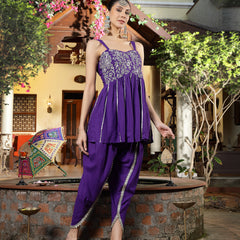 Stylum Women's Violet Solid & Embroidered Rayon A-Line Kurti Dhoti Pant Set (KDVOILROM)