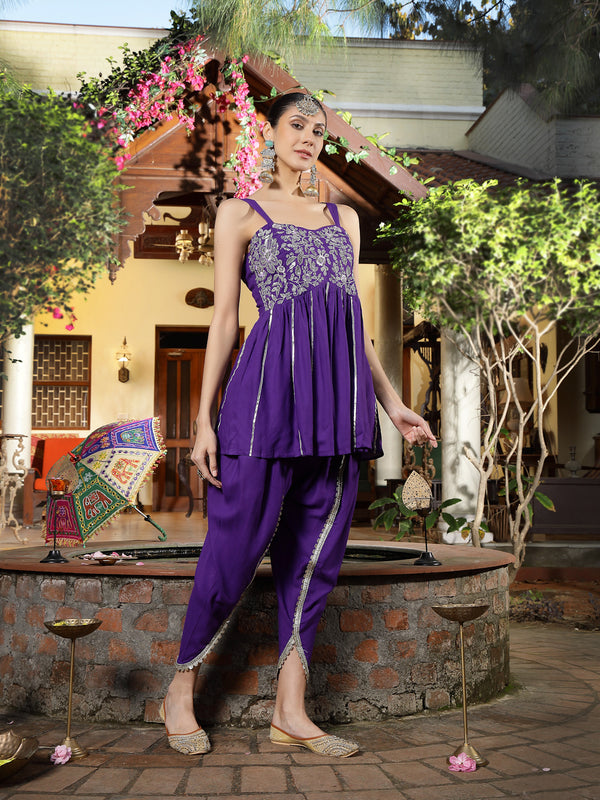 Stylum Women's Violet Solid & Embroidered Rayon A-Line Kurti Dhoti Pant Set (KDVOILROM)