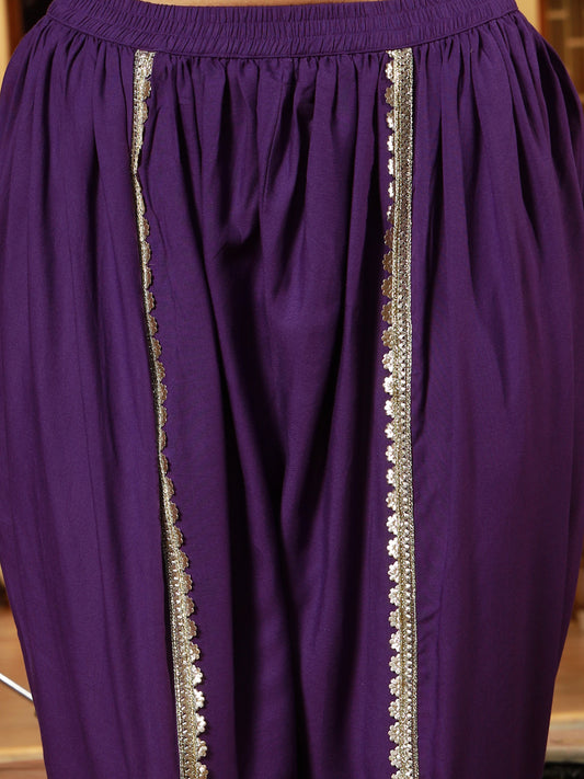 Stylum Women's Violet Solid & Embroidered Rayon A-Line Kurti Dhoti Pant Set (KDVOILROM)
