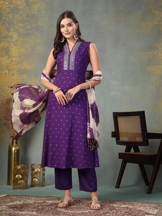 Stylum Women's Violet Khari Printed & Embroidered Rayon A-Line Kurta Dupatta Set (KDVOILWILLIAM)