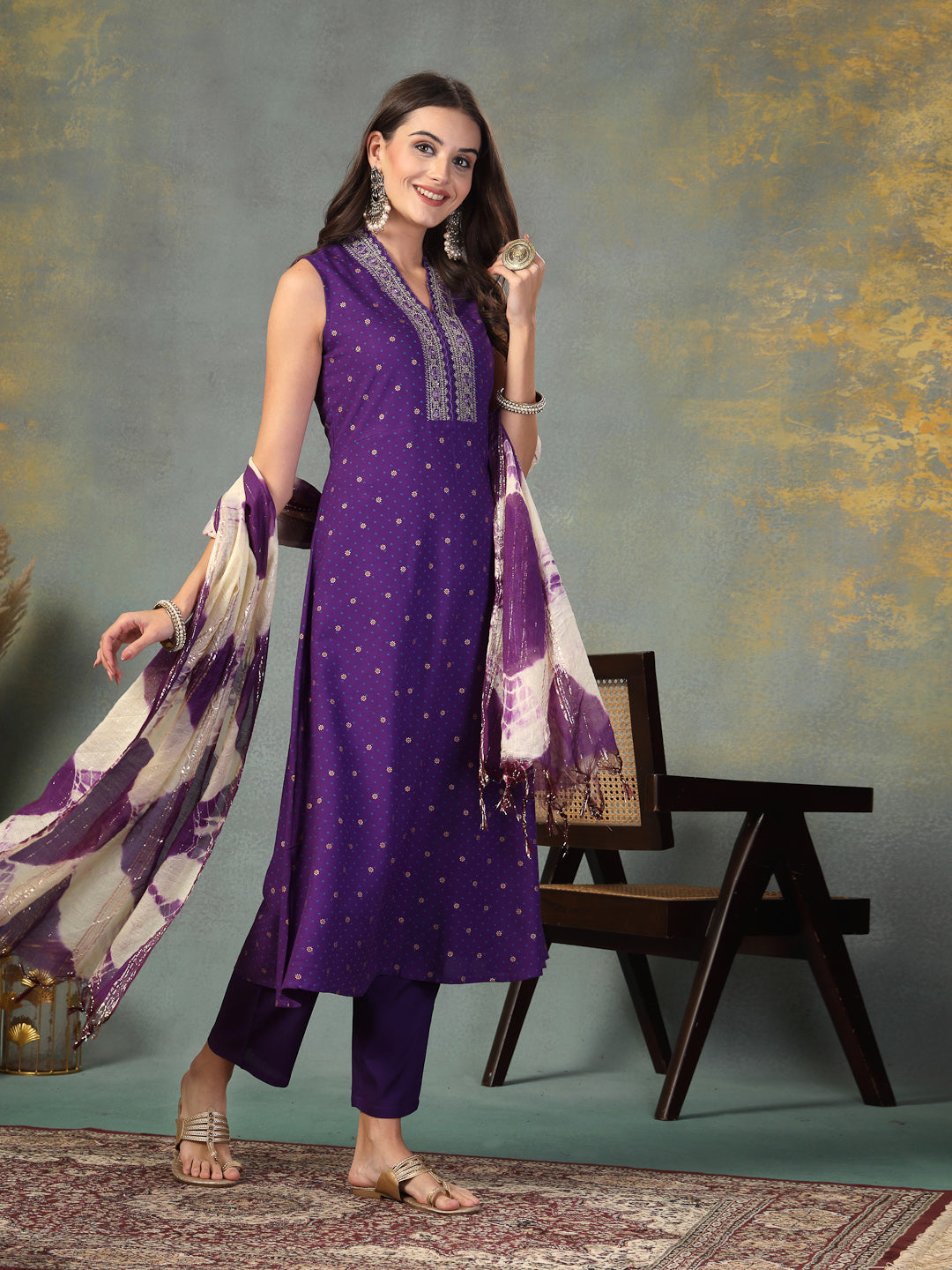 Stylum Women's Violet Khari Printed & Embroidered Rayon A-Line Kurta Dupatta Set (KDVOILWILLIAM)