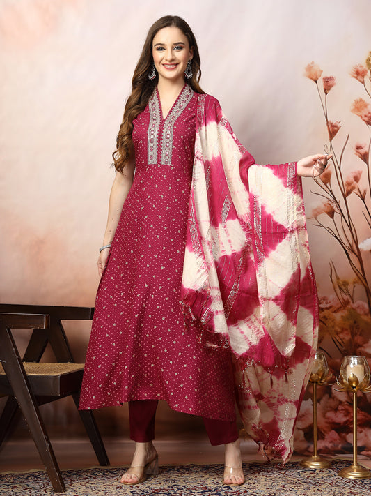 Stylum Women's Wine Khari Printed & Embroidered Rayon A-Line Kurta Dupatta Set (KDWINEWILLIAM)