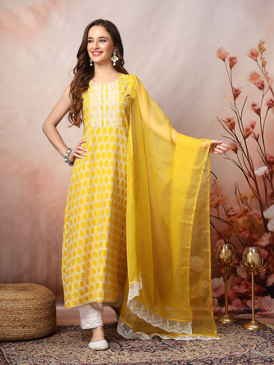 Stylum Women's Yellow Printed & Embroidered Rayon A-Line Kurta Dupatta Set (KDYELLOWSURJI)