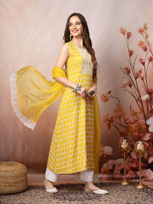 Stylum Women's Yellow Printed & Embroidered Rayon A-Line Kurta Dupatta Set (KDYELLOWSURJI)