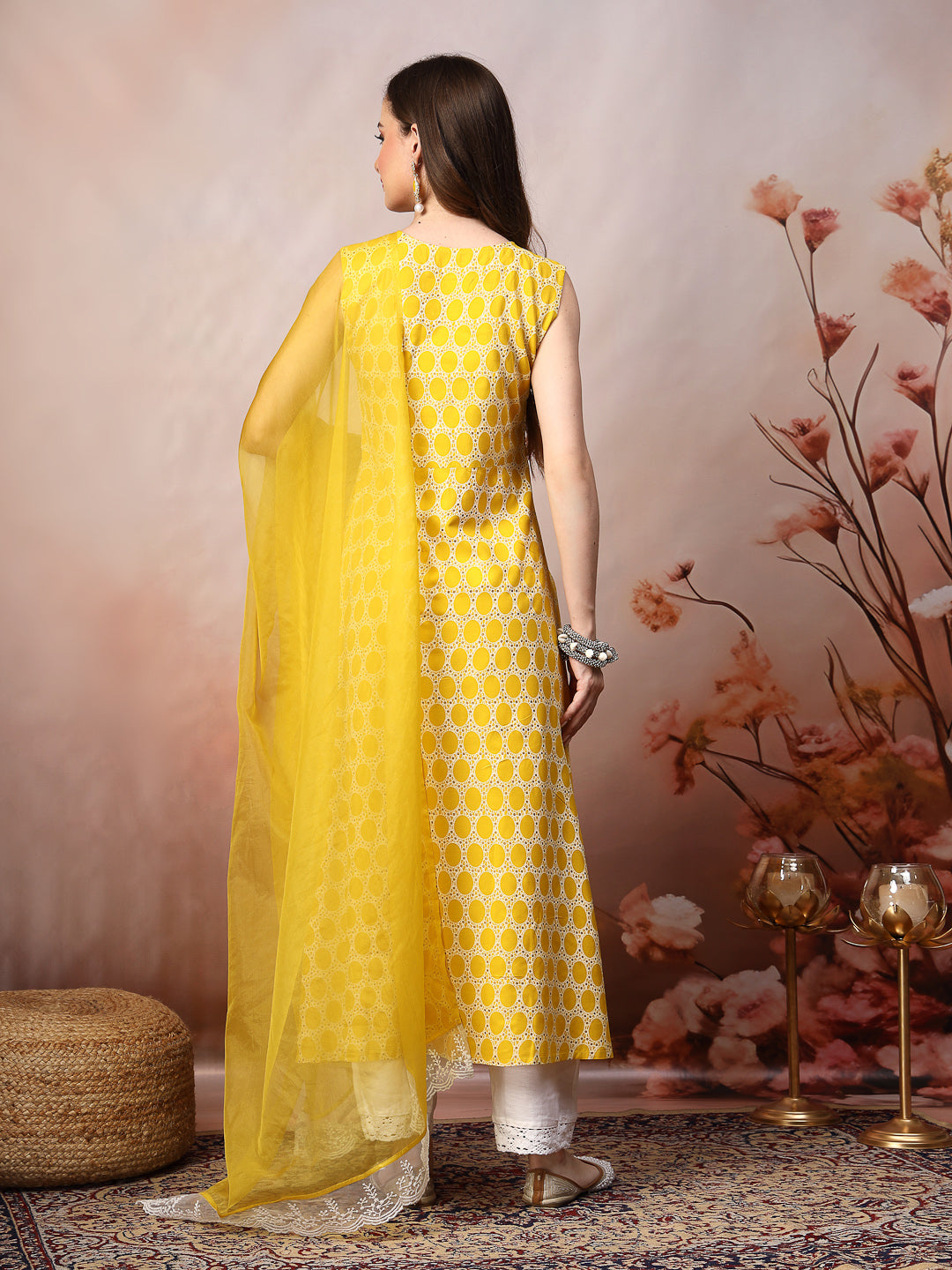 Stylum Women's Yellow Printed & Embroidered Rayon A-Line Kurta Dupatta Set (KDYELLOWSURJI)