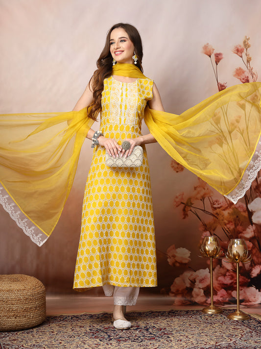 Stylum Women's Yellow Printed & Embroidered Rayon A-Line Kurta Dupatta Set (KDYELLOWSURJI)