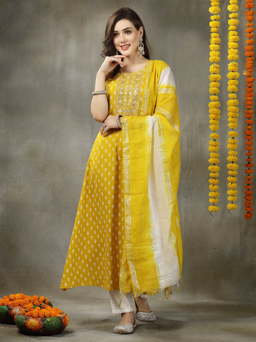 Women's Printed & Embroidered Rayon A-Line Kurta with Dupatta (KDYLWFRUITY)