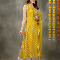 Women's Printed & Embroidered Rayon A-Line Kurta with Dupatta (KDYLWFRUITY)