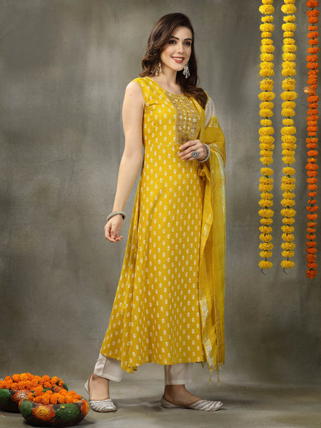 Women's Printed & Embroidered Rayon A-Line Kurta with Dupatta (KDYLWFRUITY)