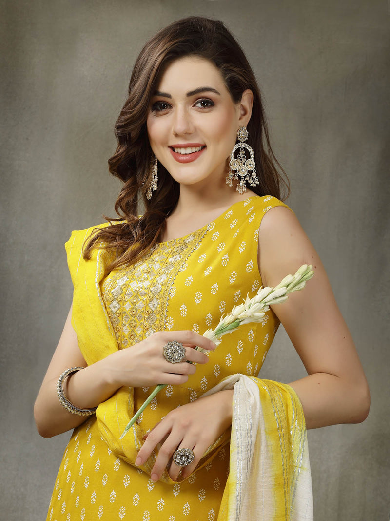 Women's Printed & Embroidered Rayon A-Line Kurta with Dupatta (KDYLWFRUITY)