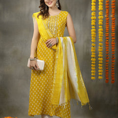 Women's Printed & Embroidered Rayon A-Line Kurta with Dupatta (KDYLWFRUITY)