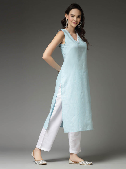 Stylum Women's Solid Cotton Blend Straight Kurta Pant Set (KPAQUAASMI)