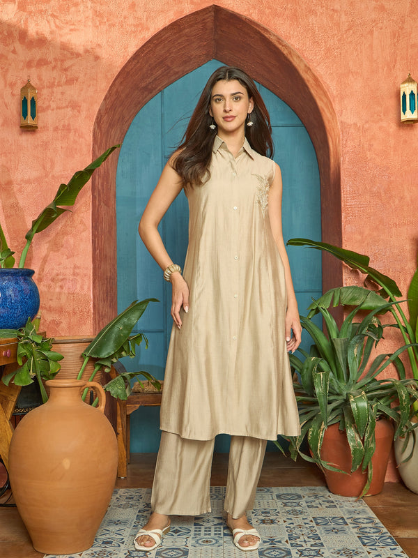 Stylum Women's Beige Solid Patch Work Poly Silk A-Line Kurta Pant Set (KPBEIGEFAIZA)