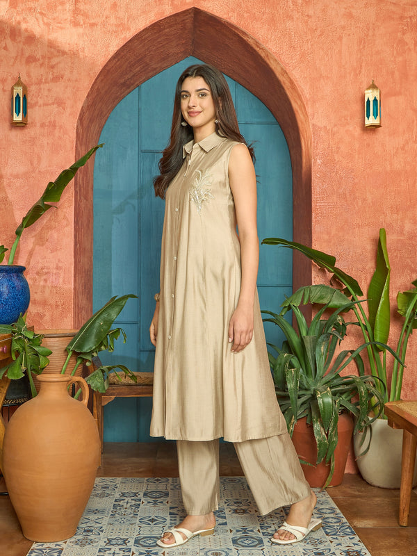 Stylum Women's Beige Solid Patch Work Poly Silk A-Line Kurta Pant Set (KPBEIGEFAIZA)