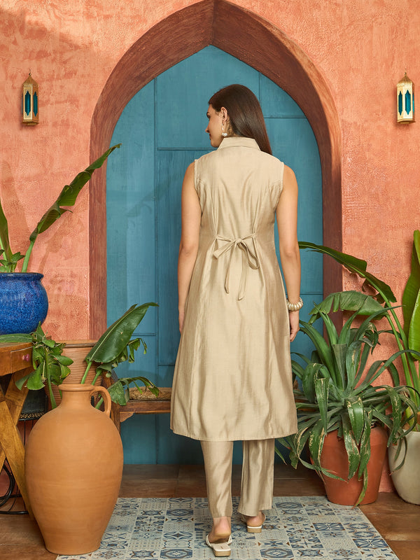 Stylum Women's Beige Solid Patch Work Poly Silk A-Line Kurta Pant Set (KPBEIGEFAIZA)