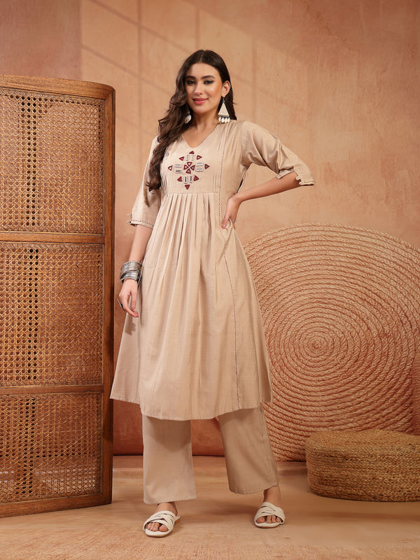 Stylum Women's Beige Solid & Embroidered Cotton A-Line Kurta Pant Set (KPBEIGETASHVI)