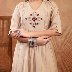 Stylum Women's Beige Solid & Embroidered Cotton A-Line Kurta Pant Set (KPBEIGETASHVI)