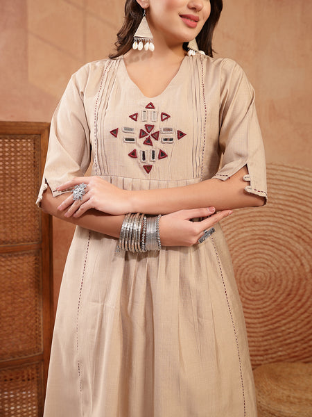 Stylum Women's Beige Solid & Embroidered Cotton A-Line Kurta Pant Set (KPBEIGETASHVI)