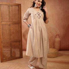Stylum Women's Beige Solid & Embroidered Cotton A-Line Kurta Pant Set (KPBEIGETASHVI)