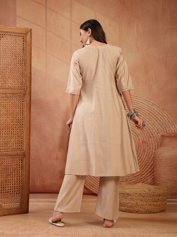 Stylum Women's Beige Solid & Embroidered Cotton A-Line Kurta Pant Set (KPBEIGETASHVI)