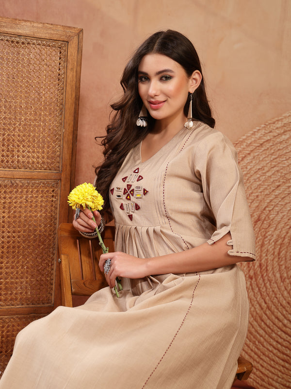 Stylum Women's Beige Solid & Embroidered Cotton A-Line Kurta Pant Set (KPBEIGETASHVI)