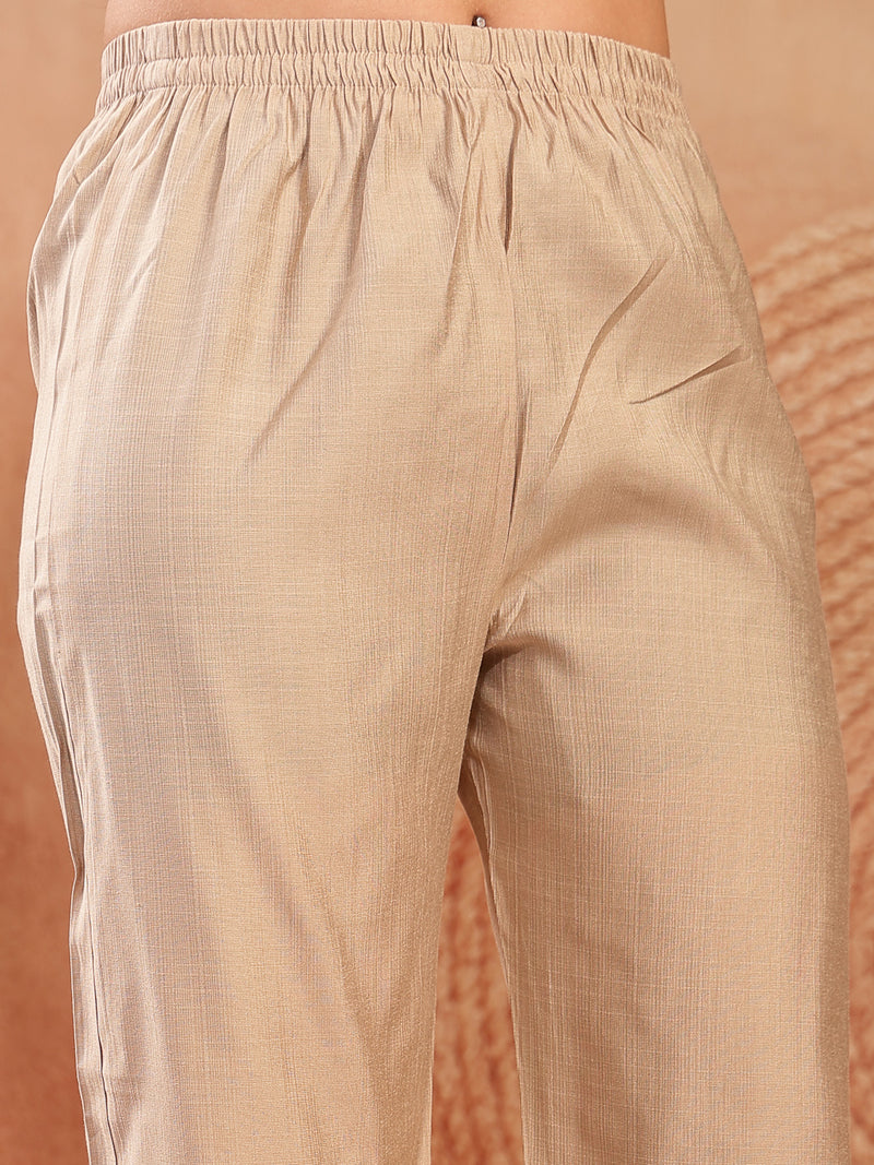 Stylum Women's Beige Solid & Embroidered Cotton A-Line Kurta Pant Set (KPBEIGETASHVI)
