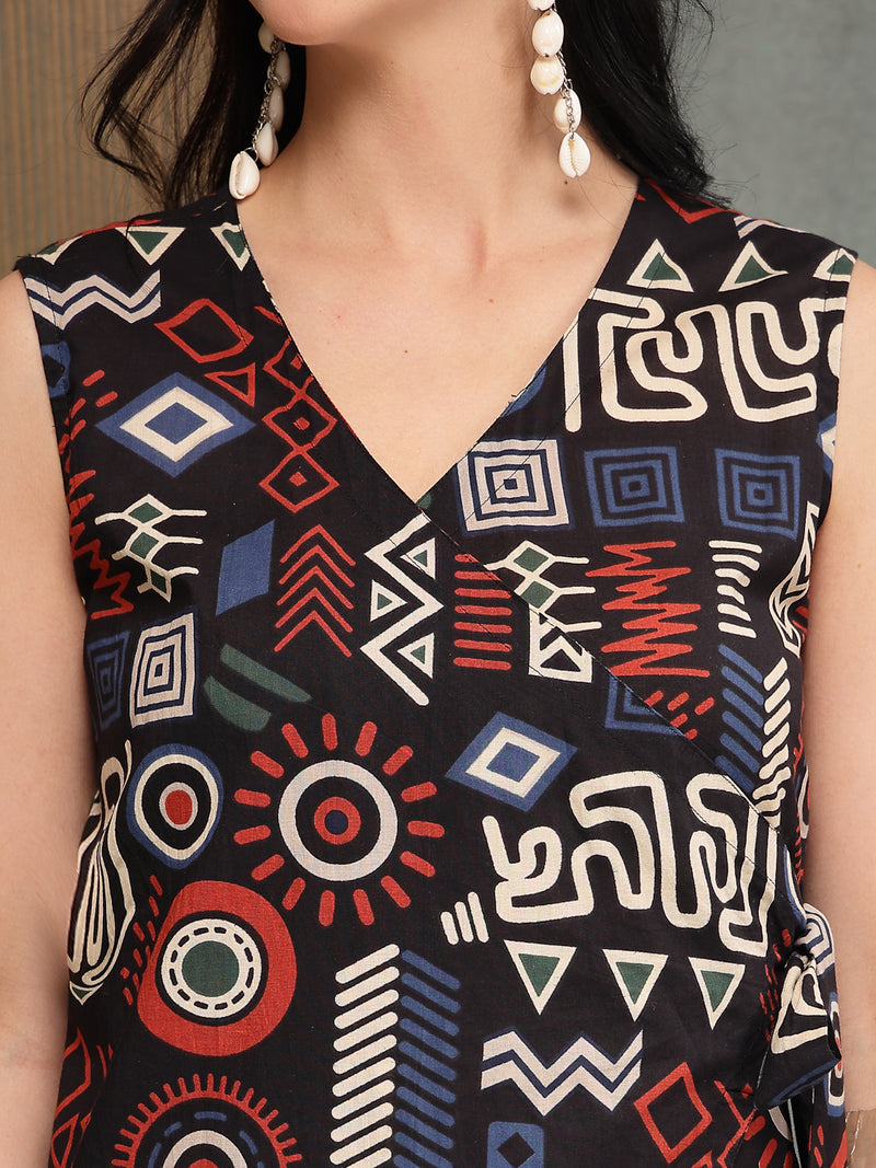 Stylum Women's Black Geometric Printed Cotton Straight Kurta Pant Set (KPBLACKELIZA)