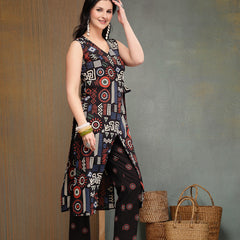 Stylum Women's Black Geometric Printed Cotton Straight Kurta Pant Set (KPBLACKELIZA)