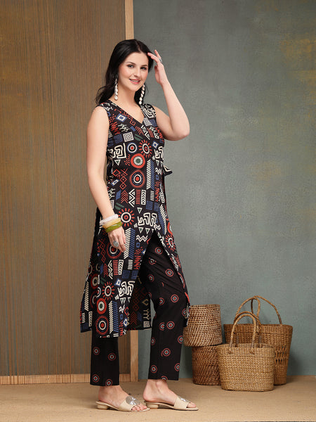 Stylum Women's Black Geometric Printed Cotton Straight Kurta Pant Set (KPBLACKELIZA)