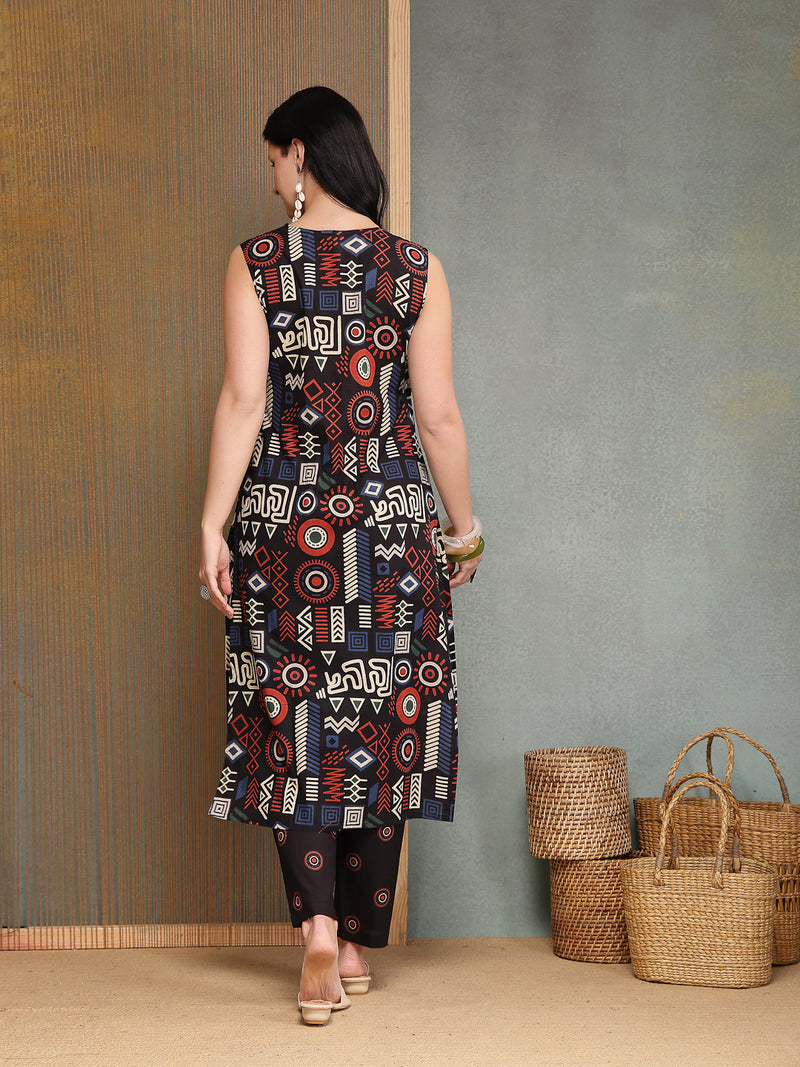 Stylum Women's Black Geometric Printed Cotton Straight Kurta Pant Set (KPBLACKELIZA)