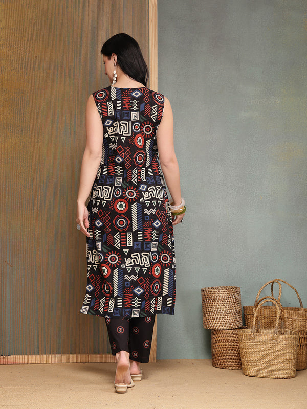 Stylum Women's Black Geometric Printed Cotton Straight Kurta Pant Set (KPBLACKELIZA)