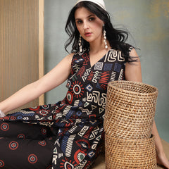 Stylum Women's Black Geometric Printed Cotton Straight Kurta Pant Set (KPBLACKELIZA)