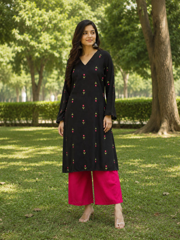 Stylum Women's Black Floral Printed Rayon A-Line Kurta With Palazzo (KPBLACKHEAT)